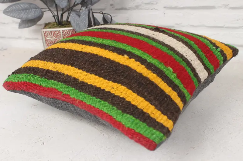 Ethnical Kilim Rug Pillow, 14x14 Green Cushion Cover, Living Room Throw Cushion Case, Pillow, Handmade Kilim Cushion, Antique Pillows - 6