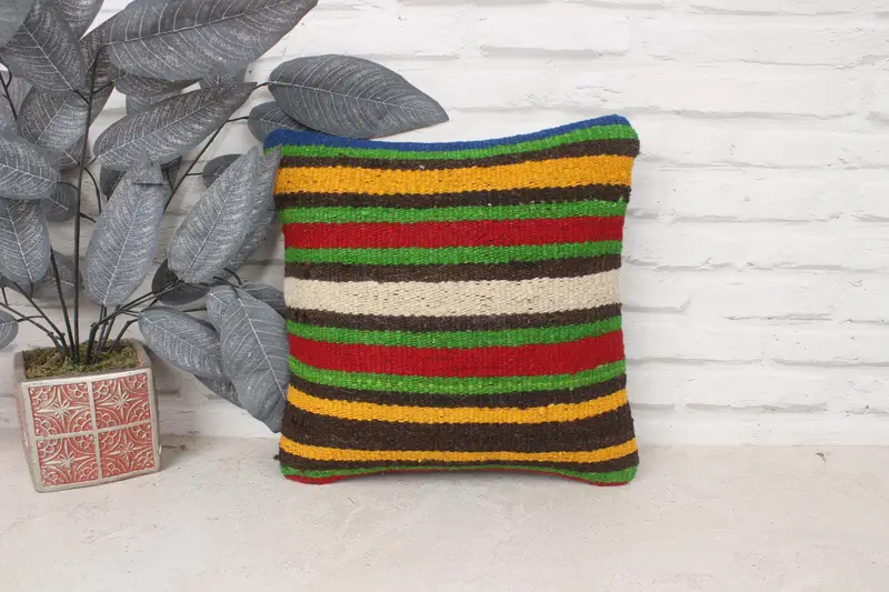 Ethnical Kilim Rug Pillow, 14x14 Green Cushion Cover, Living Room Throw Cushion Case, Pillow, Handmade Kilim Cushion, Antique Pillows - 1