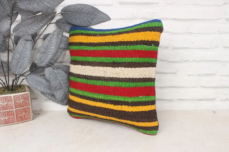 Ethnical Kilim Rug Pillow, 14x14 Green Cushion Cover, Living Room Throw Cushion Case, Pillow, Handmade Kilim Cushion, Antique Pillows - 4