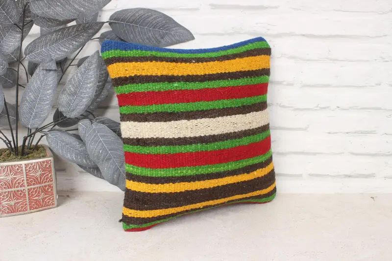 Ethnical Kilim Rug Pillow, 14x14 Green Cushion Cover, Living Room Throw Cushion Case, Pillow, Handmade Kilim Cushion, Antique Pillows - 3
