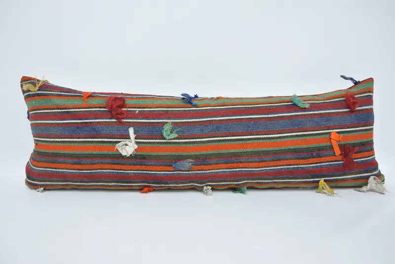 Blau & Orange gestreiftes Wurfkissen, 16x48 handgemachtes Hanf- und Wollkissen