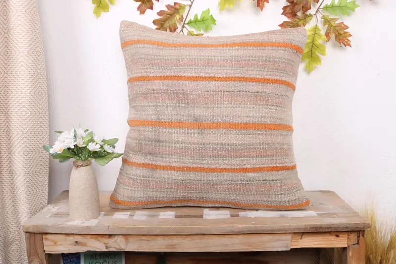 Antique Pillows, Kilim Pillow Cover, Pillow Cover, Ethnical Kilim Rug Pillow, Outdoor Patio Pillow Case, 20x20 Orange Cushion Case - 1