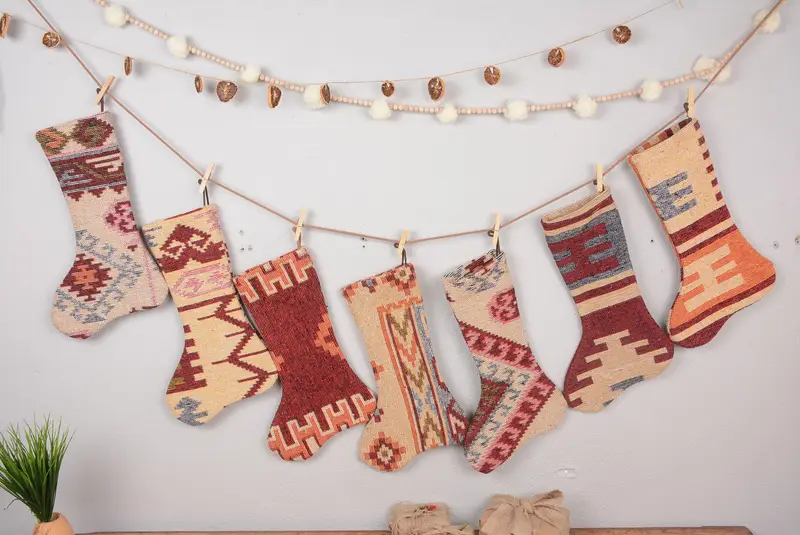 Festive 7-Inch Christmas Stocking, Scandinavian Ornament Pattern Stocking