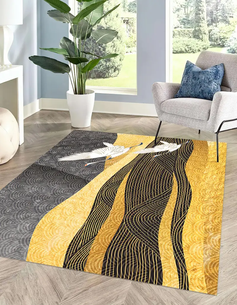 Elegante alfombra estampada con estampado bohemio de montaña y cigüeña