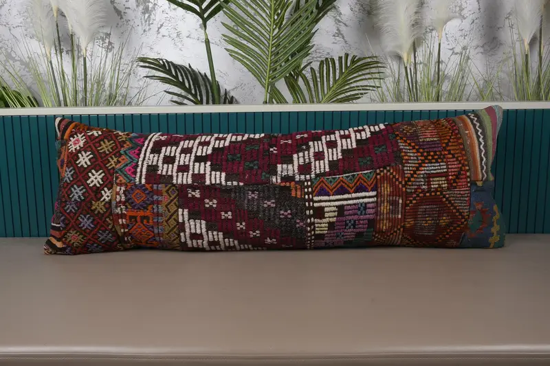 Red Linen Throw Pillow with Patchwork Design, Embroidered Vintage Pillow