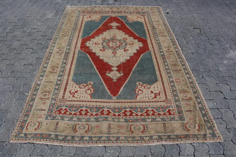 Turkish Large Rug 5.4x8.4 ft (165x257 cm), Oushak Blue Camouflage Vintage Rug - 1