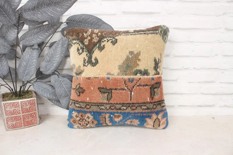 Bench Cushion Case, Kilim Pillow Cover, Vintage Pillow, 14x14 Beige Pillow Sham, Boho Pillow Sham Cover, Cushion Cover, Pet Pillow Sham - 1
