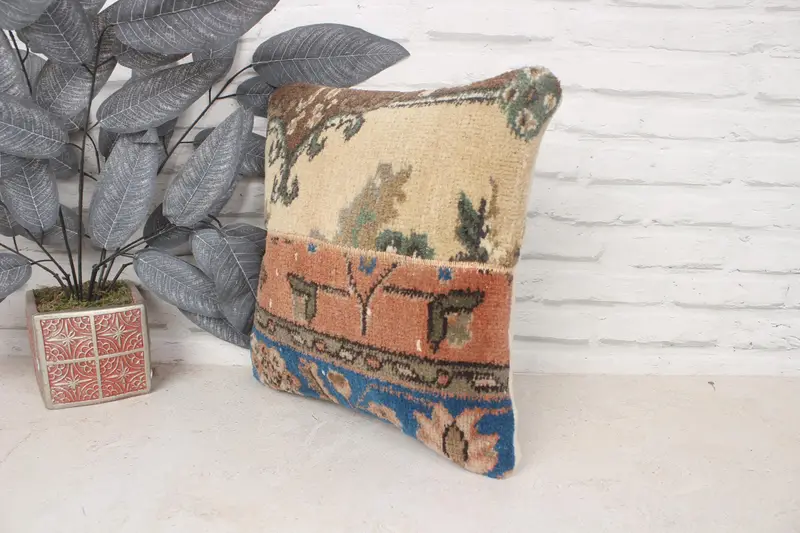 Bench Cushion Case, Kilim Pillow Cover, Vintage Pillow, 14x14 Beige Pillow Sham, Boho Pillow Sham Cover, Cushion Cover, Pet Pillow Sham - 4