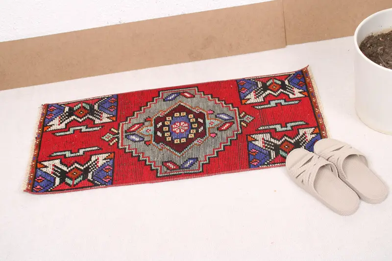 Vintage Teppich, 1,3x3 ft kleiner Teppich, rot blauer Oushak Wollteppich - 1