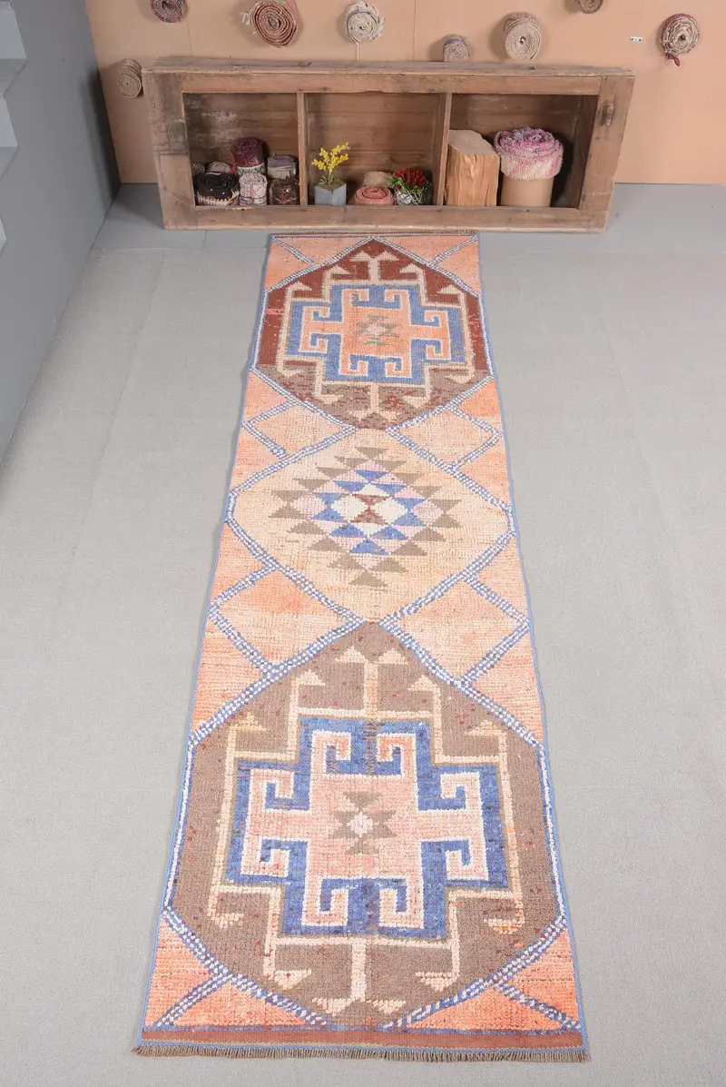 Turkish Rug, 2.8x10 ft Small Rug, Orange Blue Herki Rug - 1