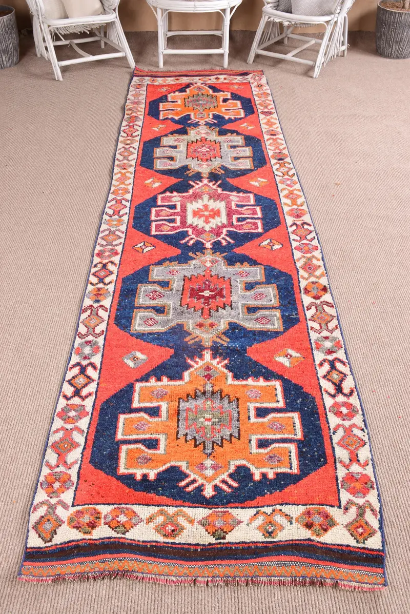 3.1x11.5 ft Vintage Turkish Rug, Runner Rug, Red Herki Abstract Rug - 1