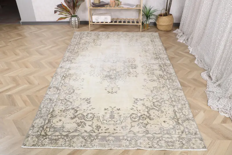 5.1x8.4 ft Halı, Türk Vintage Halı, Gri Bitkiler ve ağaçlar Yün Halı - 1
