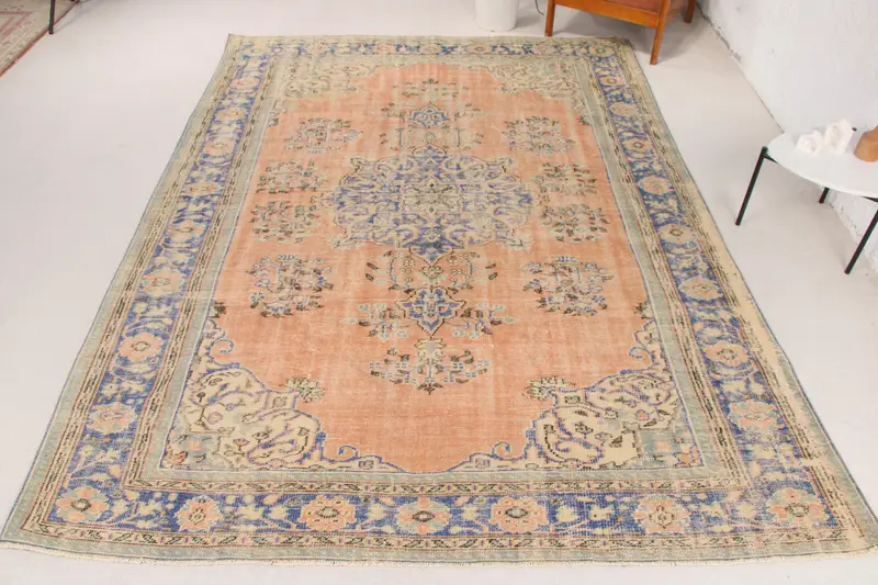 Handmade Orange & Blue Rug, 6.3x10.3 ft Striped Geometric