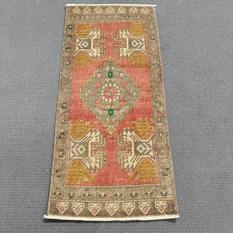 Red Oriental Rug, 0.1x3.6 ft with Green Accents