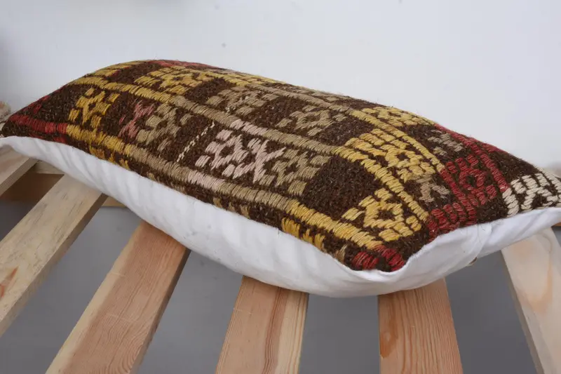 Throw Kilim Pillow, Handmade Kilim Cushion, Cushion, 8x16 Yellow Pillow, Turkish Kilim Pillow, Traditional Pillow Sham, Handwoven Pillow - 6