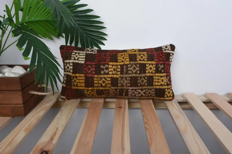 Throw Kilim Pillow, Handmade Kilim Cushion, Cushion, 8x16 Yellow Pillow, Turkish Kilim Pillow, Traditional Pillow Sham, Handwoven Pillow - 1