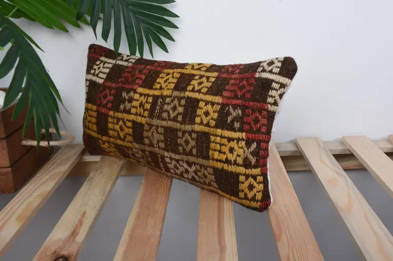 Throw Kilim Pillow, Handmade Kilim Cushion, Cushion, 8x16 Yellow Pillow, Turkish Kilim Pillow, Traditional Pillow Sham, Handwoven Pillow - 5