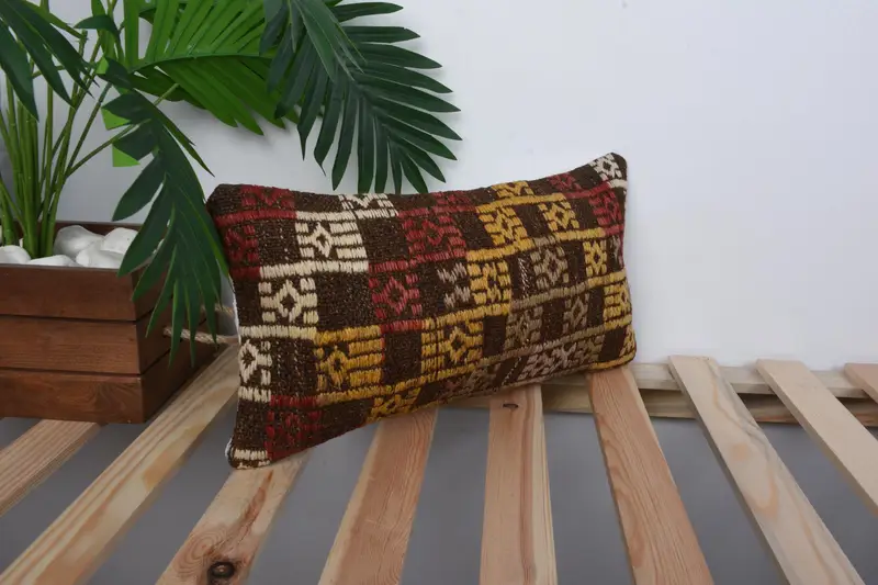 Throw Kilim Pillow, Handmade Kilim Cushion, Cushion, 8x16 Yellow Pillow, Turkish Kilim Pillow, Traditional Pillow Sham, Handwoven Pillow - 4