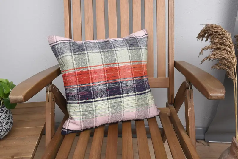 Pink Turkish Gift Pillow Sham, Farmhouse Striped Wool Chair Pillow - 1
