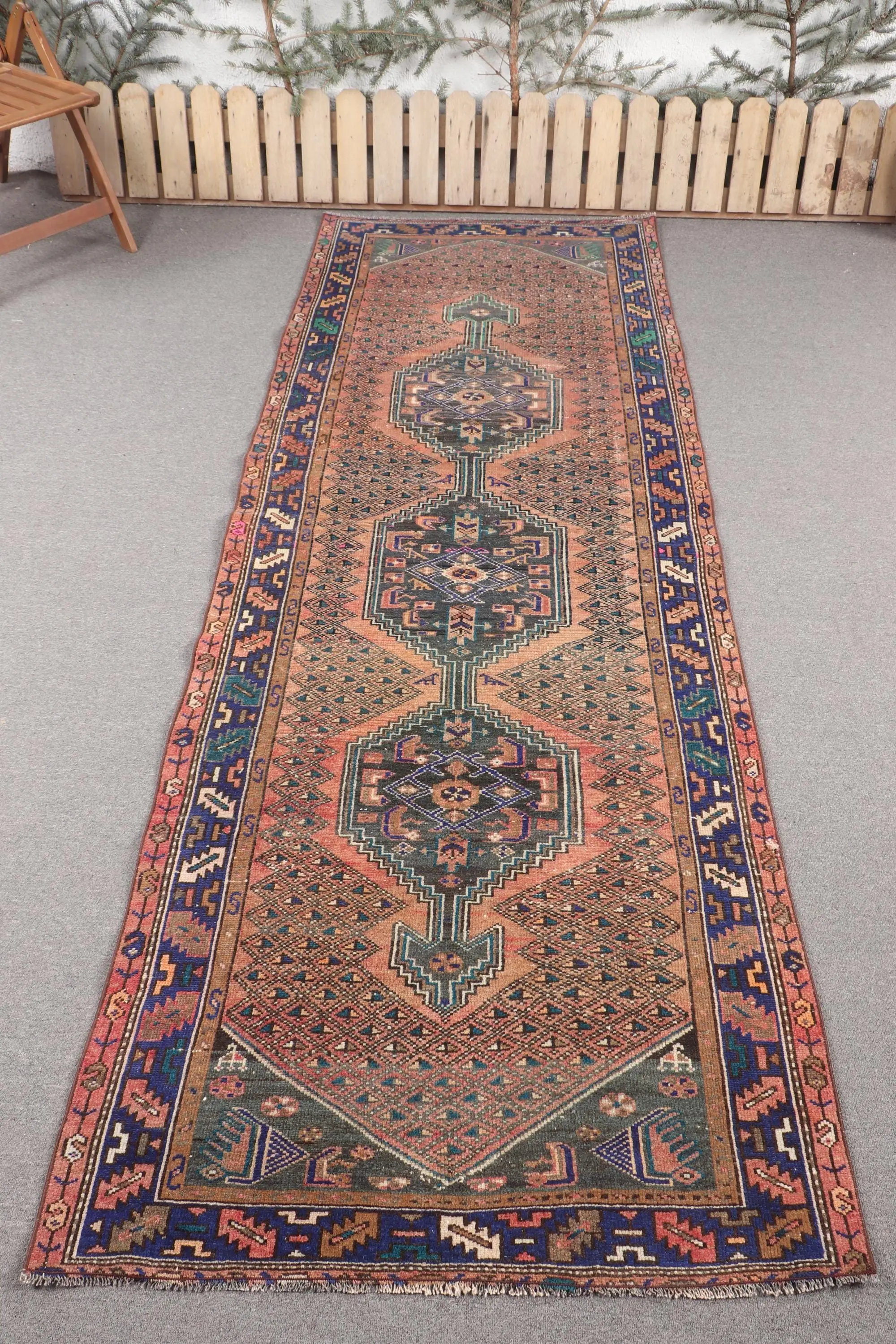 Vintage 3.5x9.8 ft Rug, Runner Turkish Rug, Red Blue Moroccan Wool Rug - 1