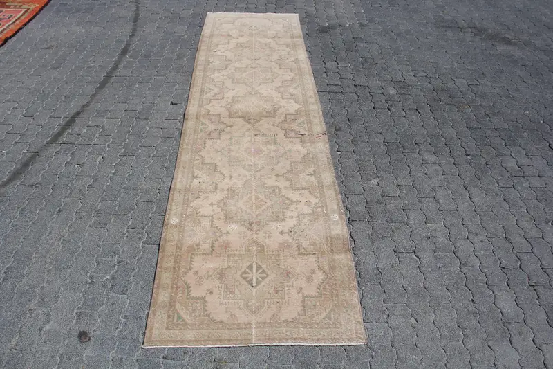 Turkish Vintage Rug, 3.2x12.4 ft Runner Rug, Brown Oushak Floral Rug - 1