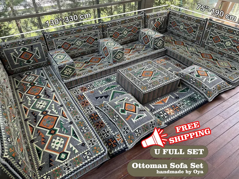 Bohemian Kilim-Inspired Ottoman, Gray Wool Blend Sectional Ottoman