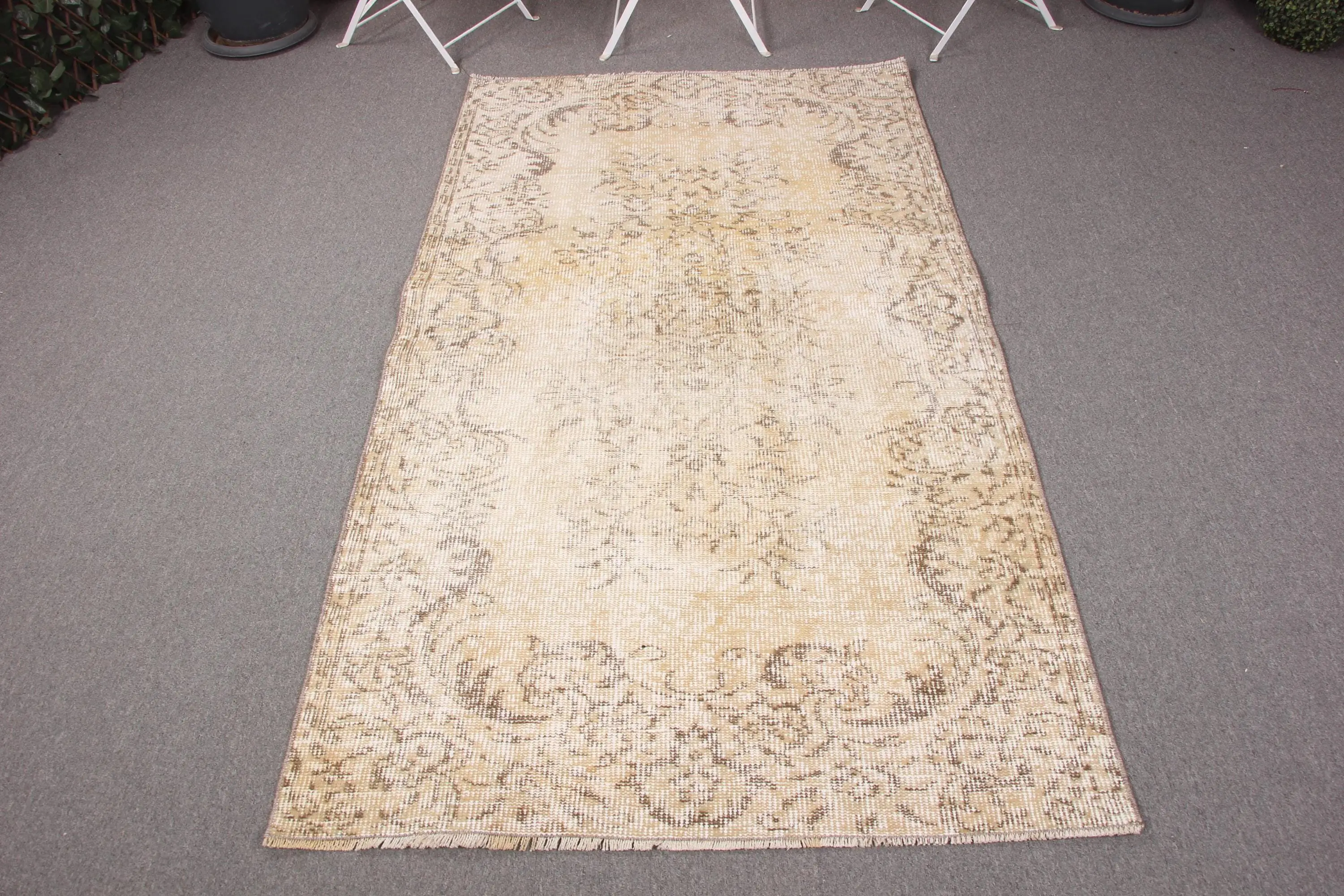 3.7x6.8 ft Area Turkish Rug, Beige Plants & trees Vintage Rug - 1