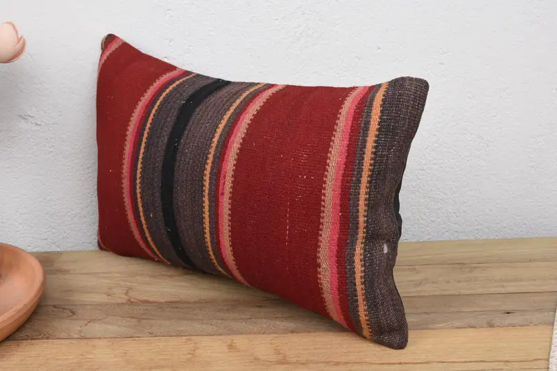Hippie Throw Cushion Case, Cushion, 12x20 Red Pillow, Kilim Cushion Sham, Pillow for Couch, Turkish Kilim Pillow, Tapestry Pillow - 4