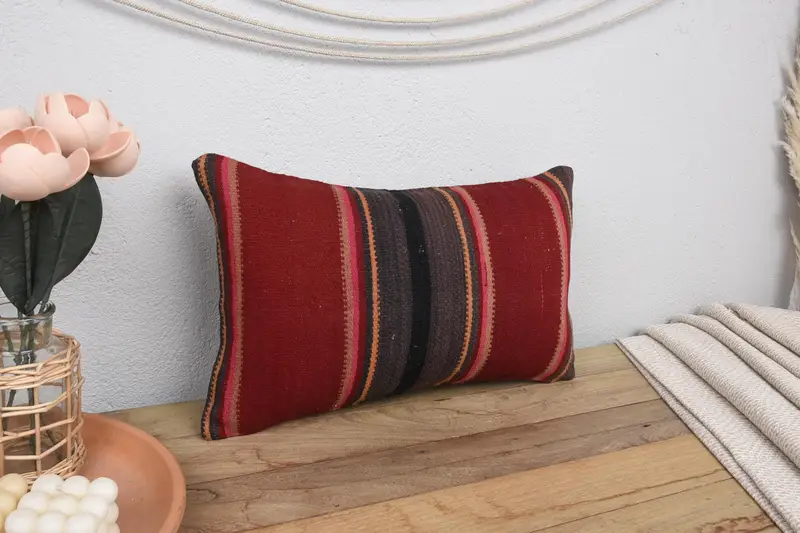 Hippie Throw Cushion Case, Cushion, 12x20 Red Pillow, Kilim Cushion Sham, Pillow for Couch, Turkish Kilim Pillow, Tapestry Pillow - 1