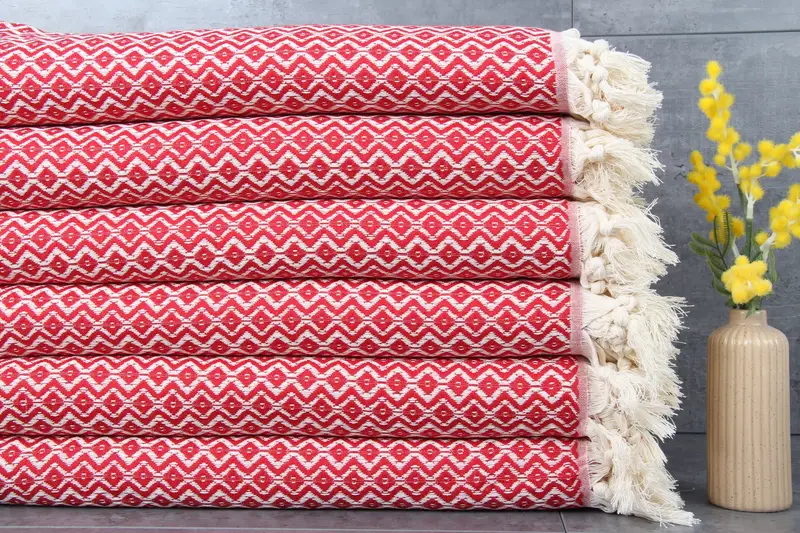 Organic Cotton Beach Towel Red Diamond Turkish Towel Beige 40x71 Inches