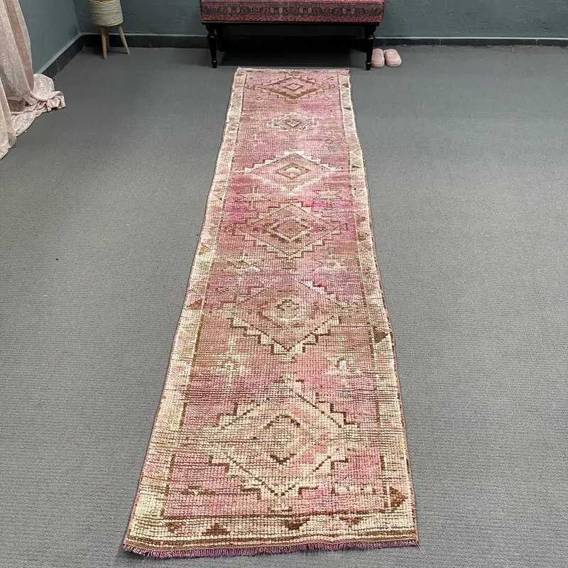 2.5x11.3 ft Turkish Rug, Vintage Runner Rug, Pink Brown Wool Rug - 1