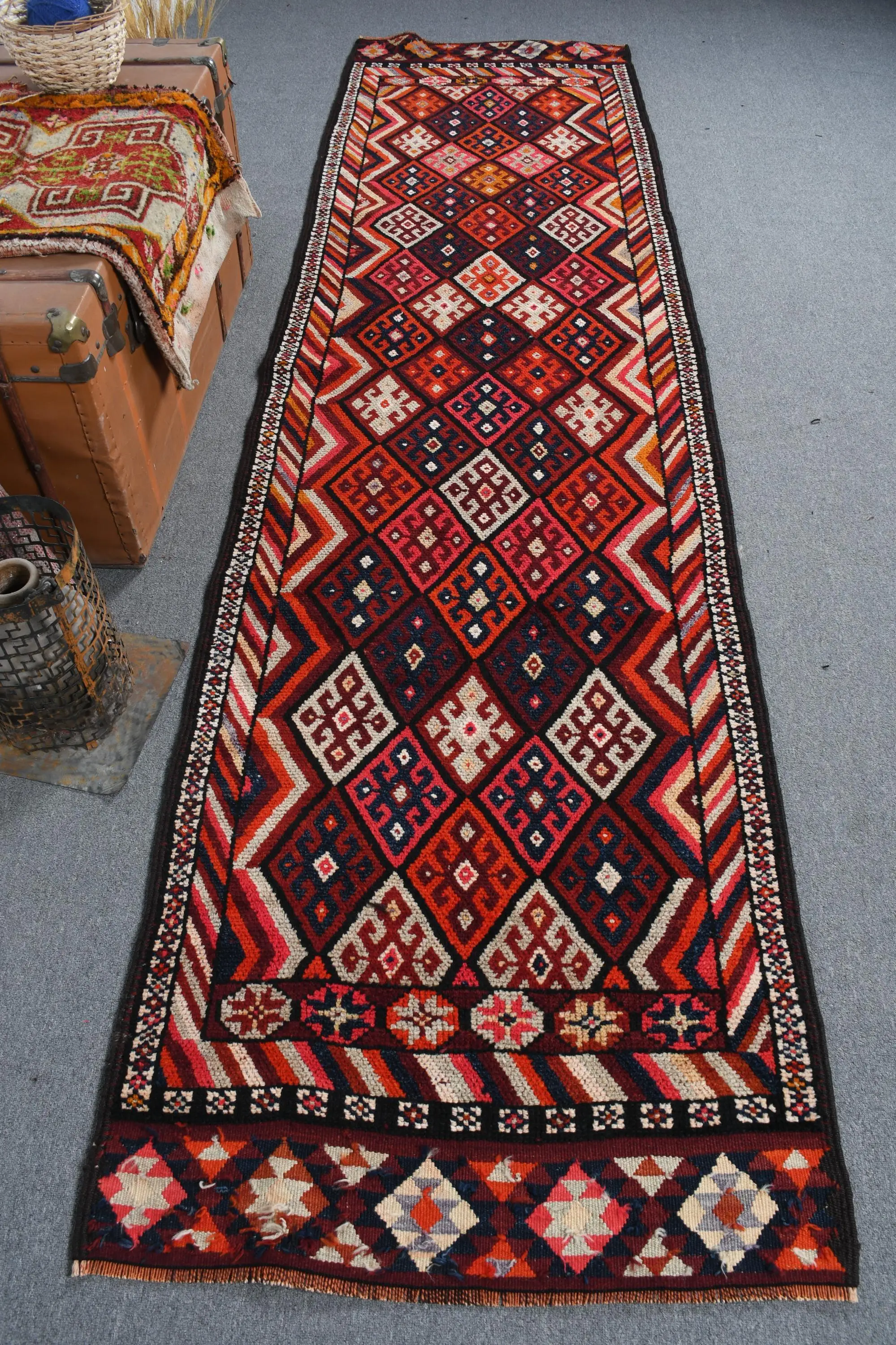 Turkish Vintage Rug, 2.9x11.2 ft Herki Rug, Red Moroccan Wool Rug - 1