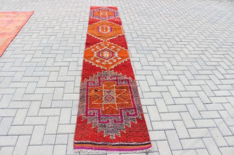 2x12.1 ft Runner Turkish Rug, Red Solid Vintage Rug - 1
