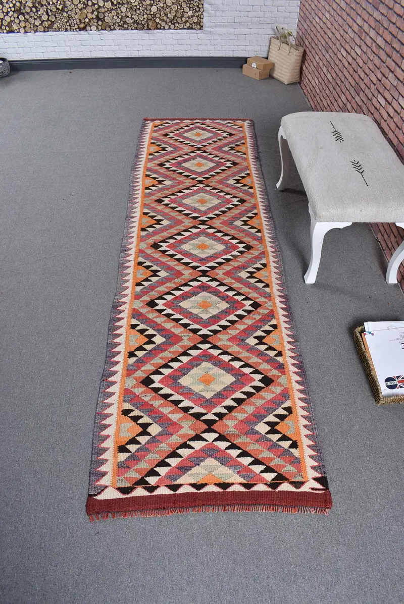 Turkish Runner Rug 2.7x9.2 ft, Vintage Kilim Red Plants & trees Wool Rug - 1