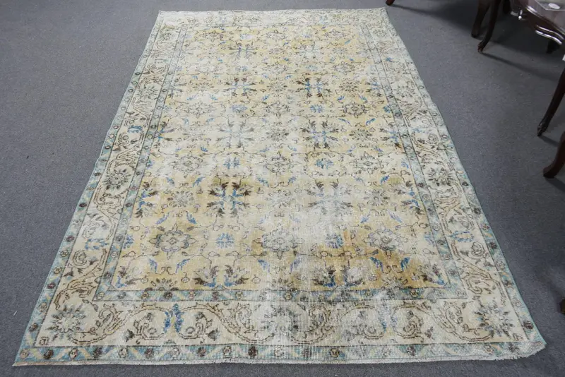 Turkish Large Rug 5.1x8.1 ft, Blue Yellow Solid Rug Wool - 1