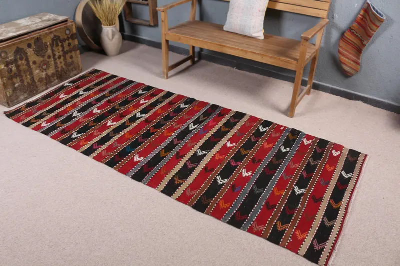 Kırmızı ve Siyah Kareli Halı, 3,2x8,2 ft Şık Dekor