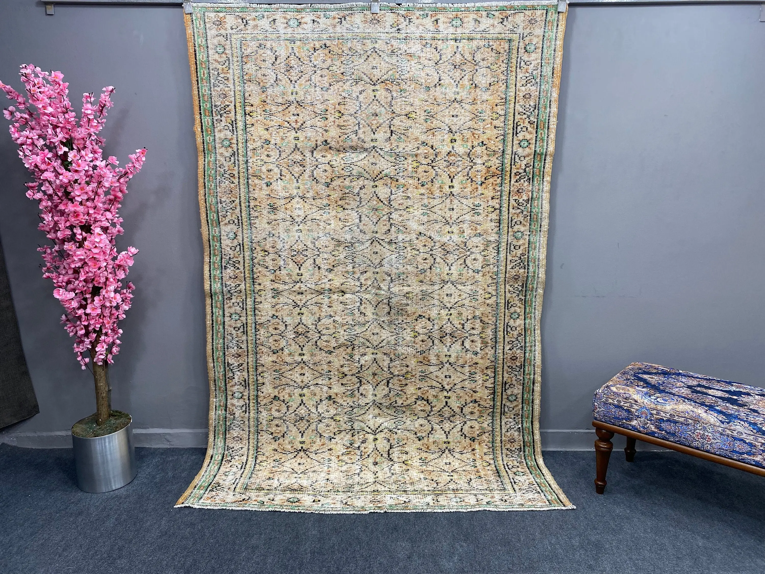 Turkish Rug, 5x7.7 ft Area Vintage Rug, Brown Green Oriental Rug - 1