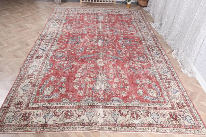 Alfombra oriental hecha a mano en rojo y azul, 0,7x12,8 pies