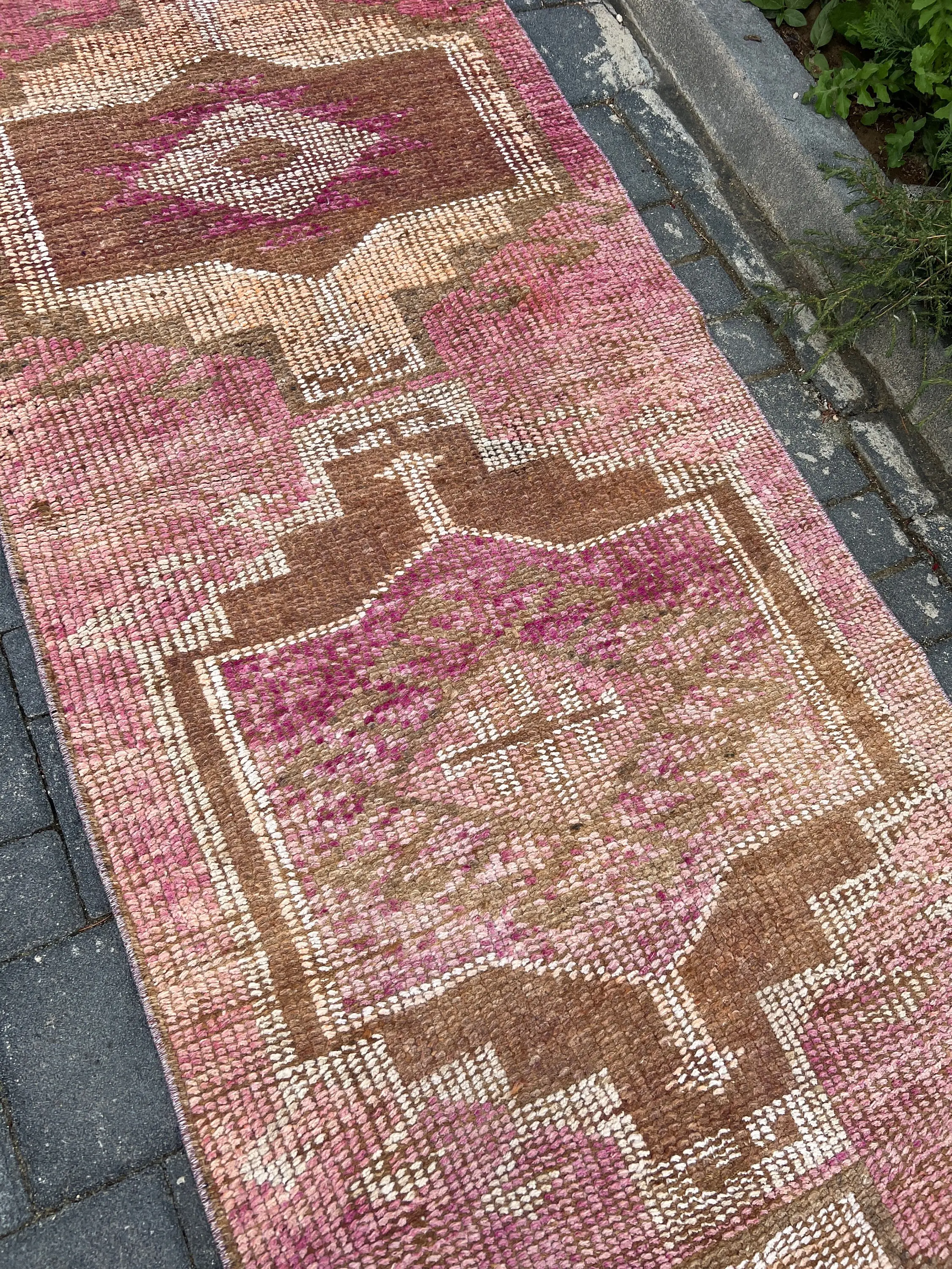 3x9.3 ft Runner Vintage Rug, Brown Oriental Turkish Rug - 1