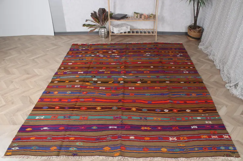 Kelim-Teppich, 7,7 x 9,5 Fuß Vintage-Teppich, roter Orientteppich aus Wolle - 1