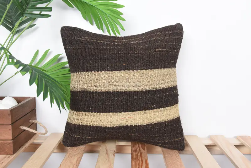 Aesthetic Pillow Case, Pillow Cover, Vintage Kilim Pillow, 14x14 Brown Cushion Cover, Boho Pillow Sham Cover, Kilim Cushion Sham - 1