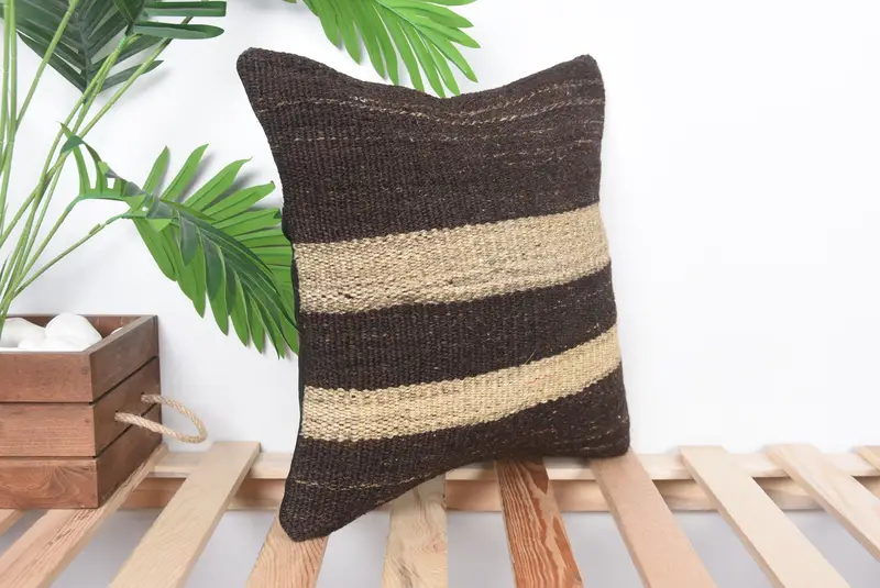 Aesthetic Pillow Case, Pillow Cover, Vintage Kilim Pillow, 14x14 Brown Cushion Cover, Boho Pillow Sham Cover, Kilim Cushion Sham - 4