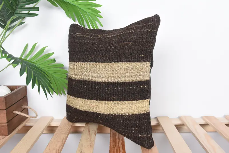 Aesthetic Pillow Case, Pillow Cover, Vintage Kilim Pillow, 14x14 Brown Cushion Cover, Boho Pillow Sham Cover, Kilim Cushion Sham - 5