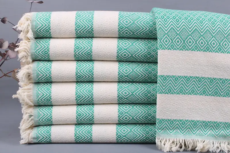 Personalized Turkish Towel Bath, Green Diamond, Beige, 40x71 Inches
