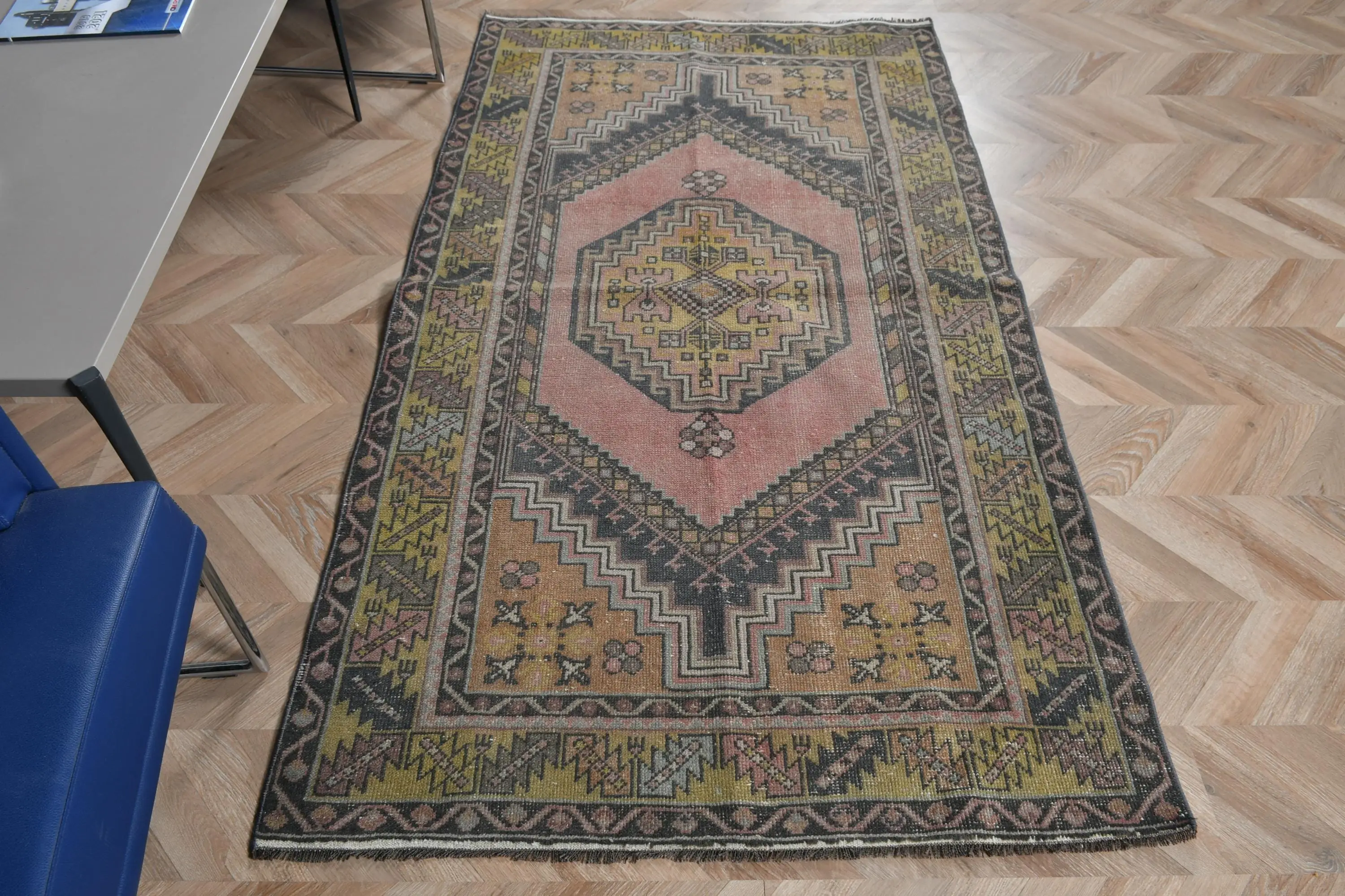 Vintage Turkish Area Rug 3.7x6.6 ft, Red Black Solid Rug - 1