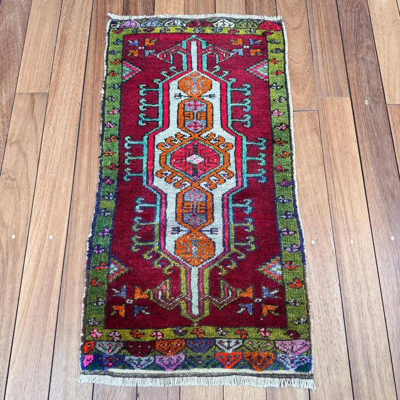 Vintage Turkish Small Rug 1.7x3.2 ft (51x96 cm), Red Southwestern Oushak Rug - 1