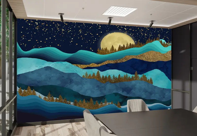 金の森の風景、金の壁紙、自然の景色の壁の絵、満月の風景の壁の絵、空の壁画、山の壁紙、 - 9