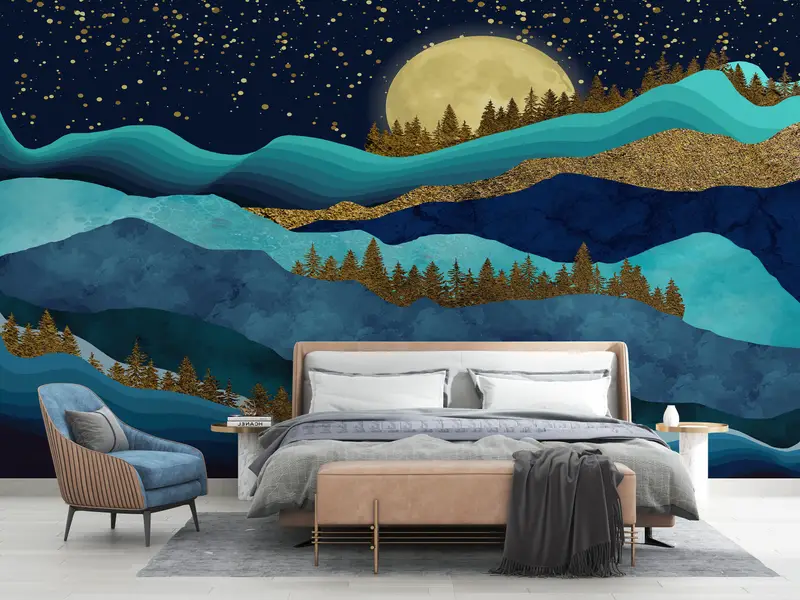 金の森の風景、金の壁紙、自然の景色の壁の絵、満月の風景の壁の絵、空の壁画、山の壁紙、 - 2