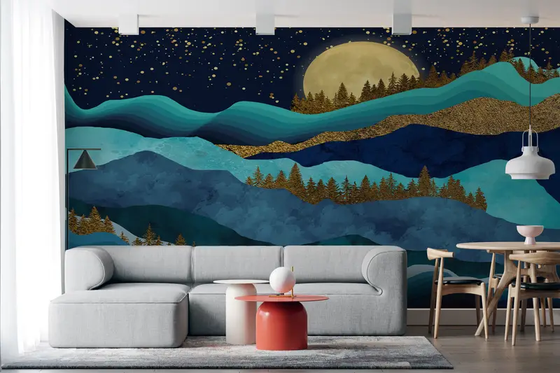 金の森の風景、金の壁紙、自然の景色の壁の絵、満月の風景の壁の絵、空の壁画、山の壁紙、 - 7