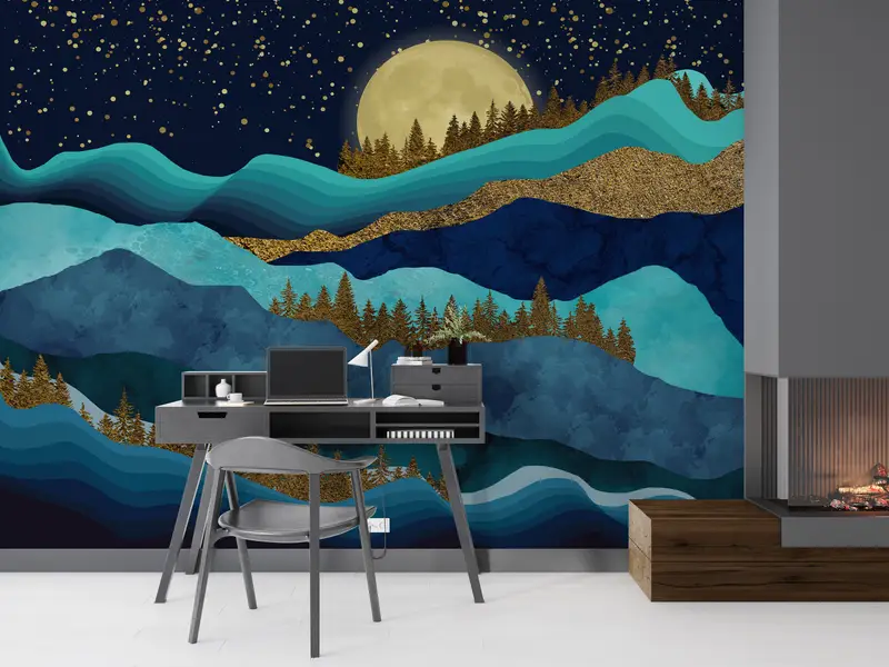 金の森の風景、金の壁紙、自然の景色の壁の絵、満月の風景の壁の絵、空の壁画、山の壁紙、 - 8